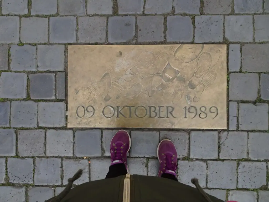 Plaque commemorating the events of 9th October 1989. The footprints represent the people who gathered there. st nicholas church leipzig germany