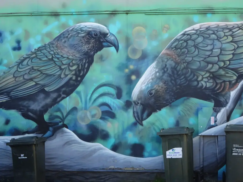 large blue and green mural of new zealand birds in taupo