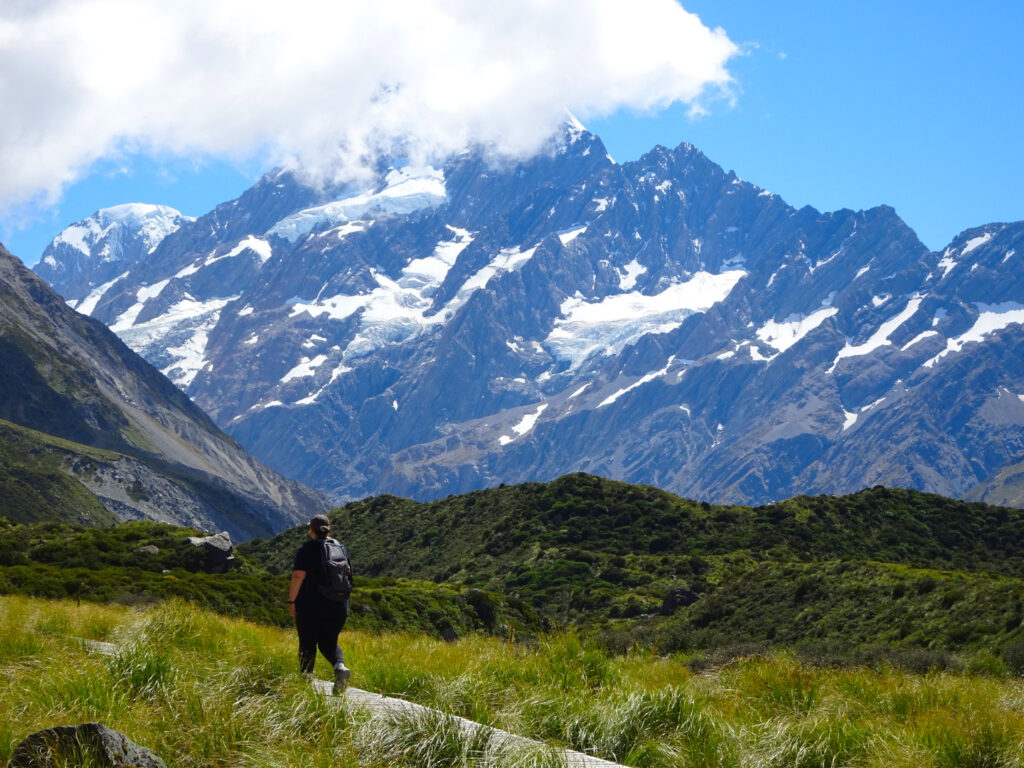 lauren walking hooker valley track mount cook national park aoraki new zealand