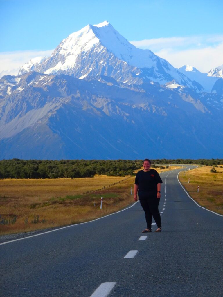 lauren on the road to aoraki mount cook new zealand national park