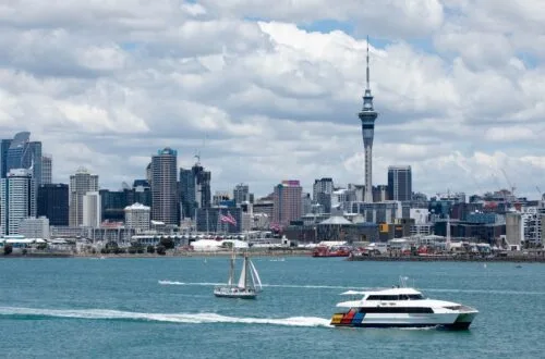 auckland skyline fullers ferry waiheke island new zealand