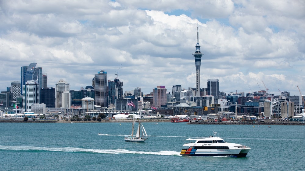 auckland skyline fullers ferry waiheke island new zealand