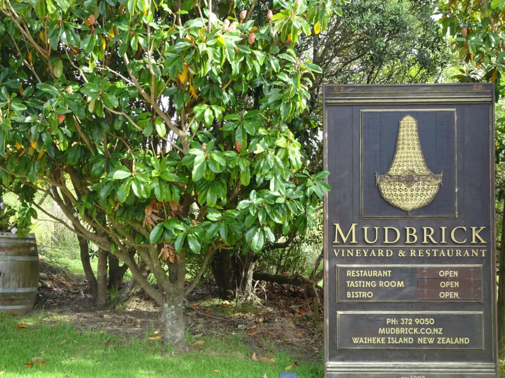 mudbrick vineyard and restaurant sign at waiheke island