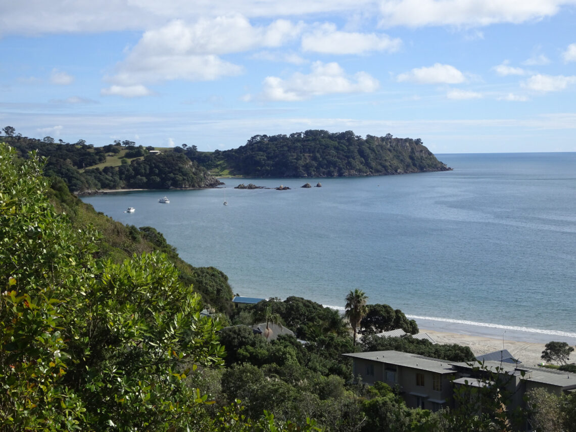 view of onetangi beach and bay from waiheke backpackers hostel waiheke island auckland new zealand