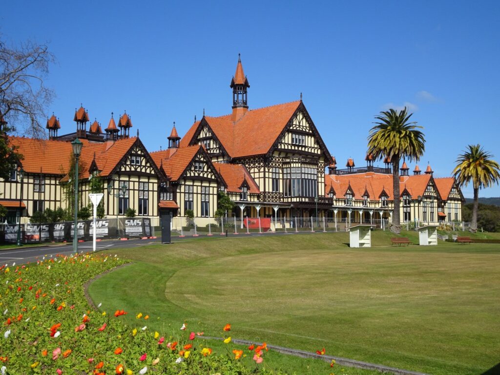 government gardens tudor building rotorua museum of art and history - north island new zealand