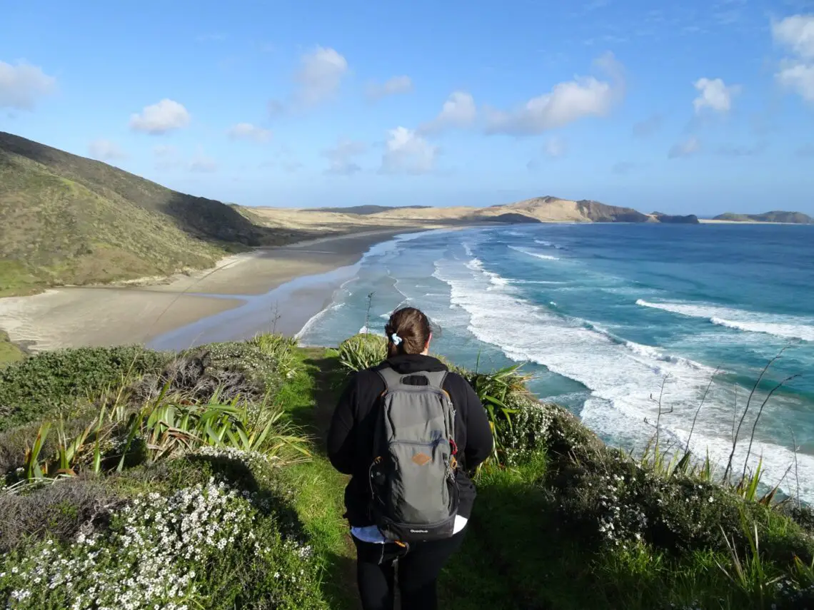 lauren viewing te werahi beach at cape reinga in northland new zealand - unmissable north island experience
