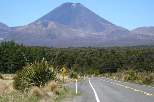 mount ngauruhoe and kiwi road sign in tongariro national park highway - 10 unmissable experiences in the north island new zealand