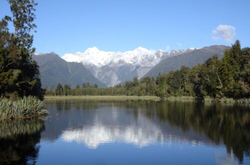 view of lake matheson from the reflection island viewpoint fox glacier