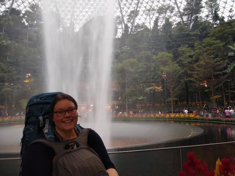 lauren at the waterfall in singapore changi airport january 2020