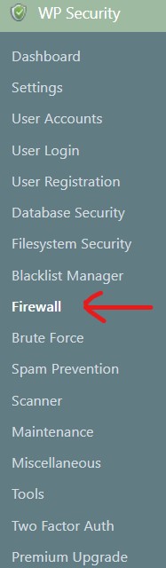 all in one wp security plugin firewall settings in menu on WordPress dashboard