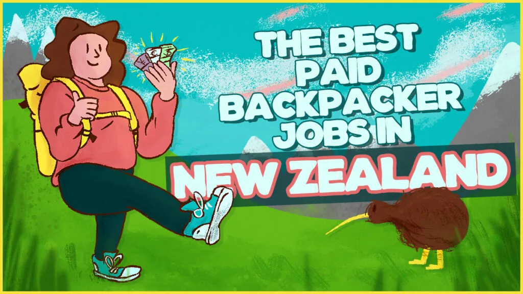 the best paid backpacker jobs in new zealand - wild lovely world travel blog - girl backpacker holding money walking on a grassy field with mountains in the background and a kiwi bird next to her - illustration by fiachra hackett