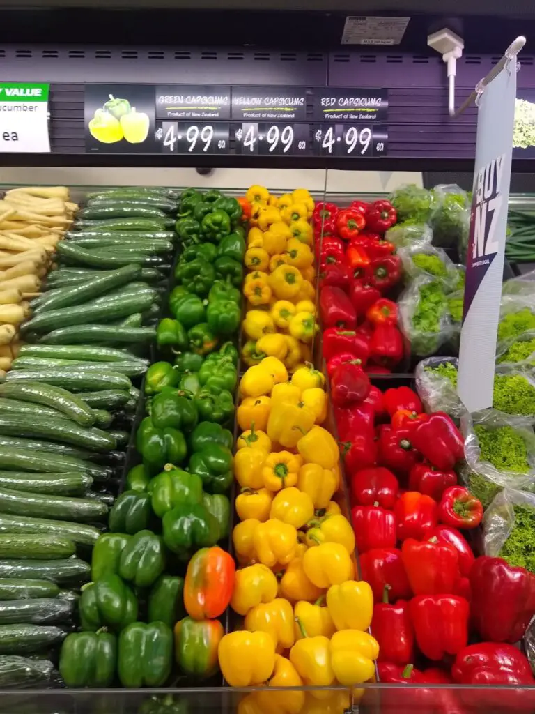 capsicum in new zealand supermarket showing price of $4.99 per vegetable - cost of living new zealand