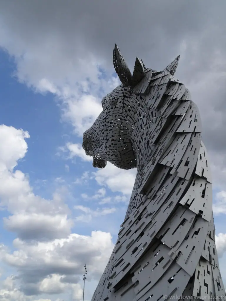 view of the head up kelpie sculpture in falkirk from behind