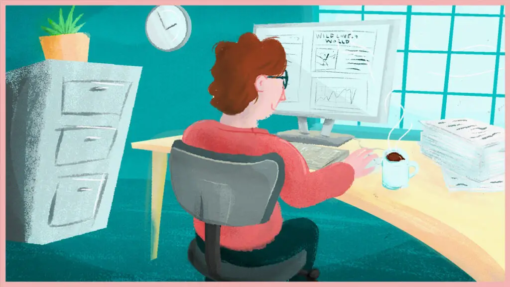 illustration of a man working at a computer desk - illustration by fiachra hackett - admin and office jobs