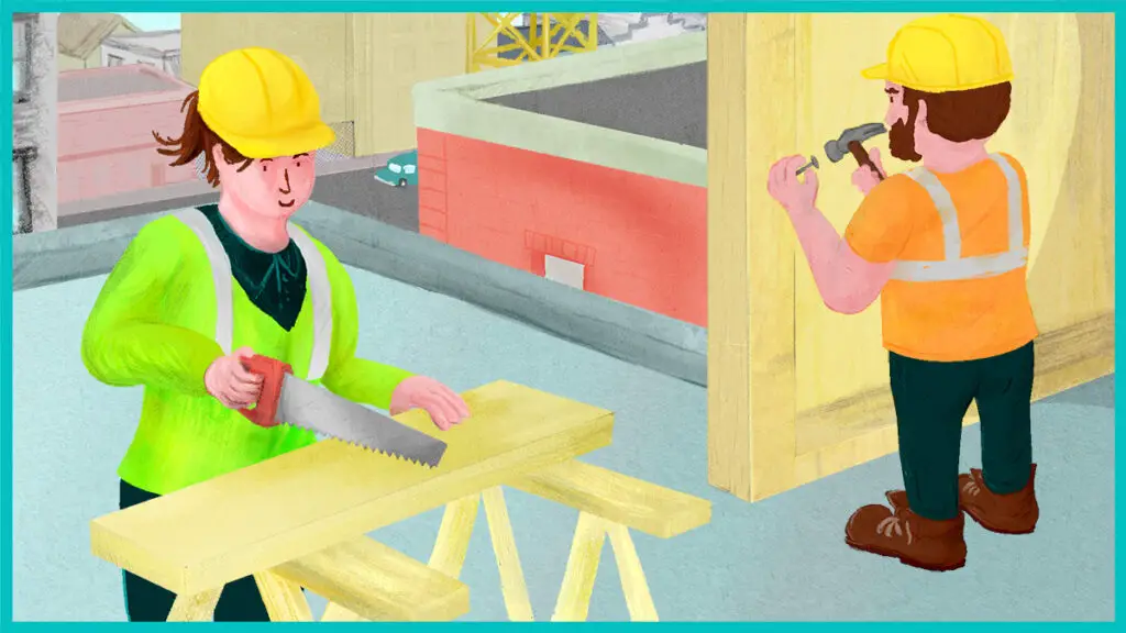 illustration of male and female construction workers - illustration by fiachra hackett - construction and trade jobs