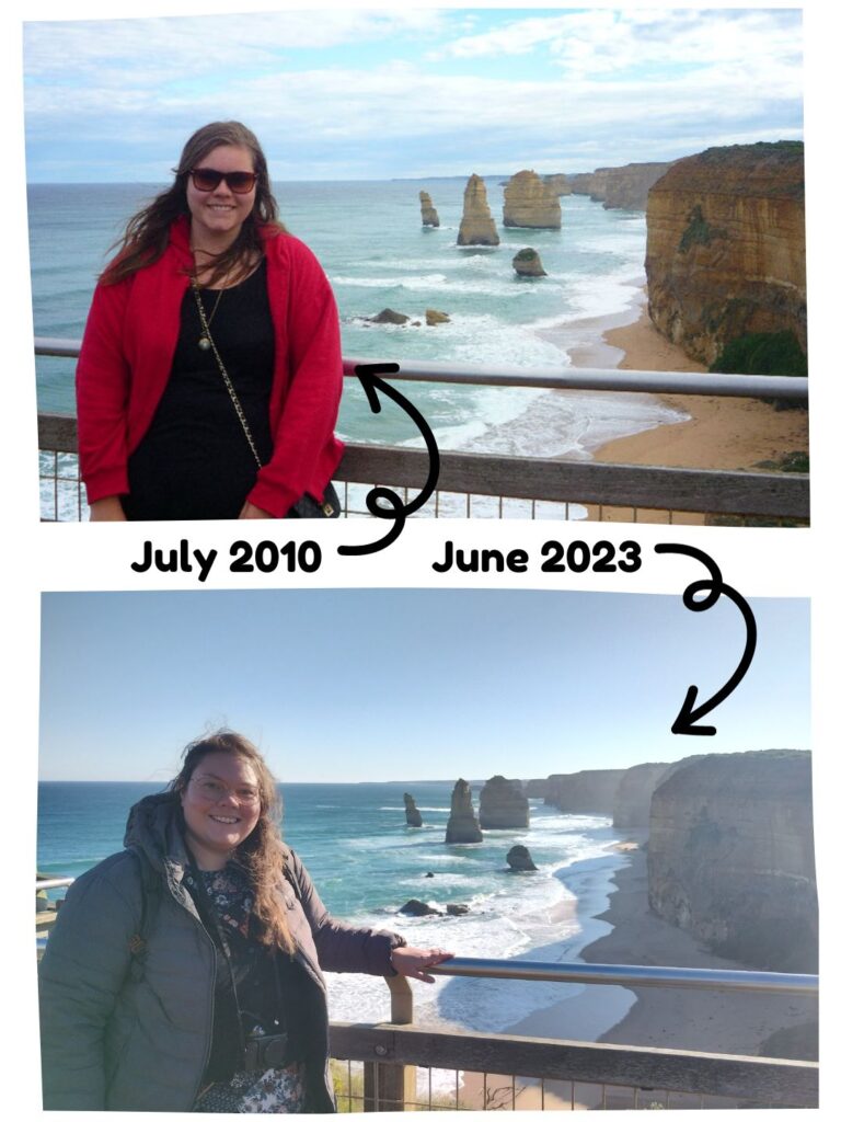 lauren visiting the twelve apostles in july 2010 and in june 2023 in australia at the great ocean road