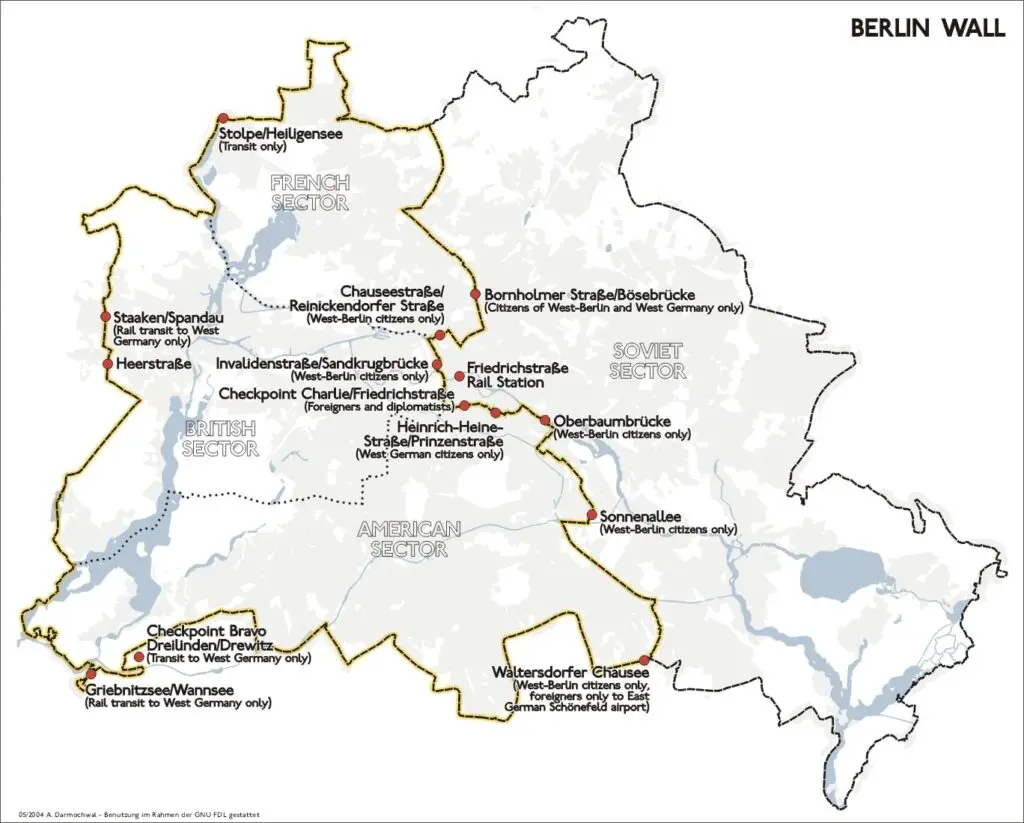 map showing east and west berlin during the cold war and the locations of checkpoints along the berlin wall