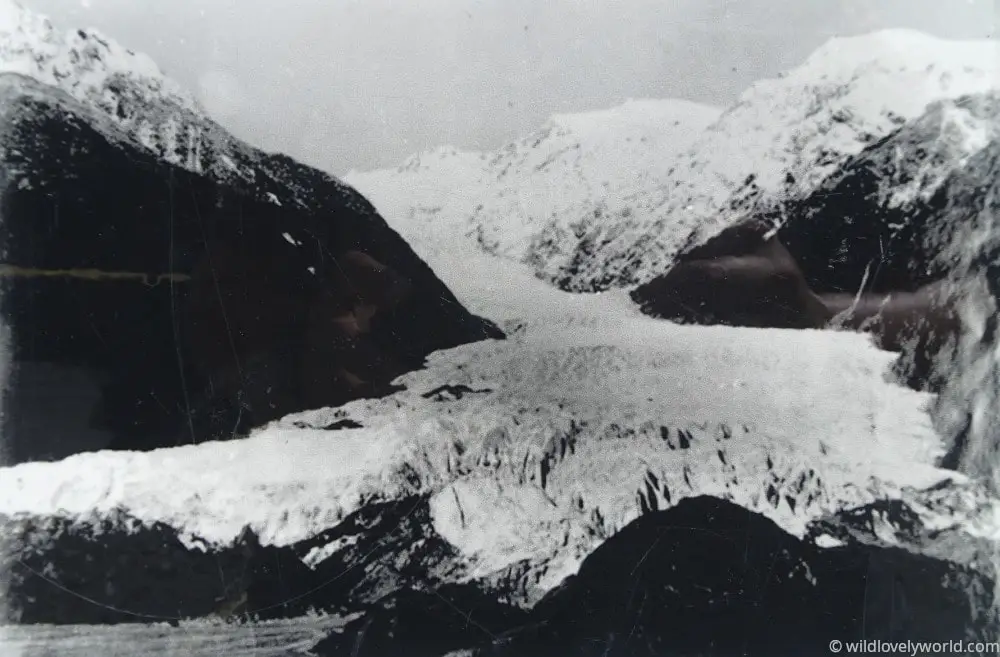 black and white photograph of the franz josef glacier as seen in 1908