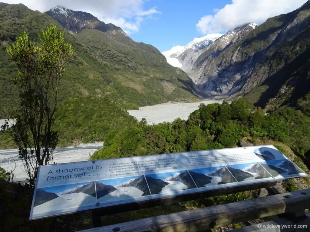 franz josef glacier viewed from sentinel rock viewpoint with a sign showing the glacier's retreat over the years. the glacier used to fill the entire valley and now it is barely visible in the distance high above the valley floor.