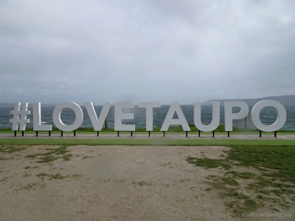 hastag love taupo sign by the lakefront in taupo on the north island new zealand
