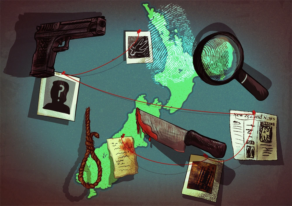 illustration by fiachra hackett of new zealand true crime - image shows map of new zealand with various crime theme objects including a fingerprint, magnifying glass, knife with blood, a gun, a noose, polaroid style photograph, newspaper article and red string connecting the objects