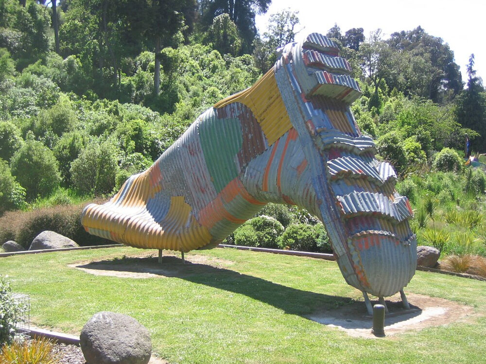 taihape giant corrugated iron upside down gumboot sculpture - big things north island new zealand