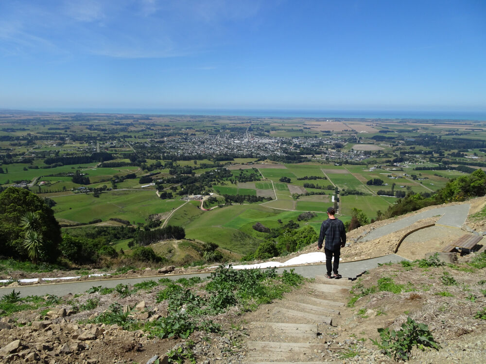 fiachra walking down stops on a hillside with a view of waimate town and fields in the distance at the white horse monument park