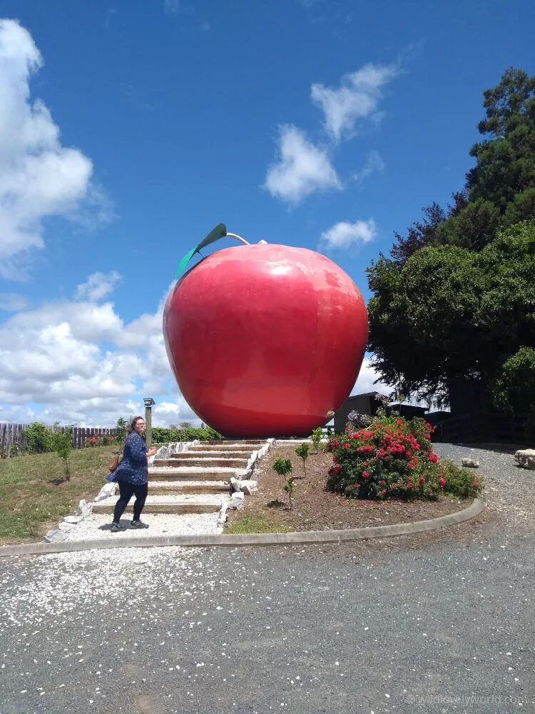 lauren standing at the steps leading to the waitomo big apple giant sculpture north island new zealand