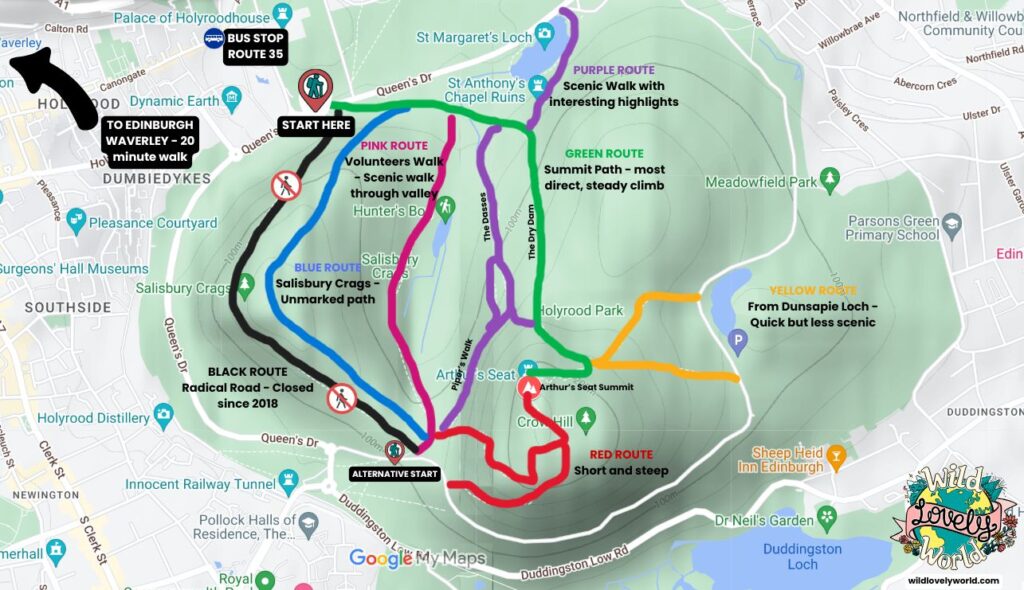 arthurs seat edinburgh route map showing paths to the summit - green route is the summit path, most direct climb to the top. yellow route is from dunsapie loch, quick but less scenic. blue route is an unmarked path along salisbury crags. black route radical road has been closed since 2018. a short and steep red route is up crow hill to the summit. pipers walk and the volunteers walk are scenic walks through the valley and have interesting highlights such as st anthonys chapel.