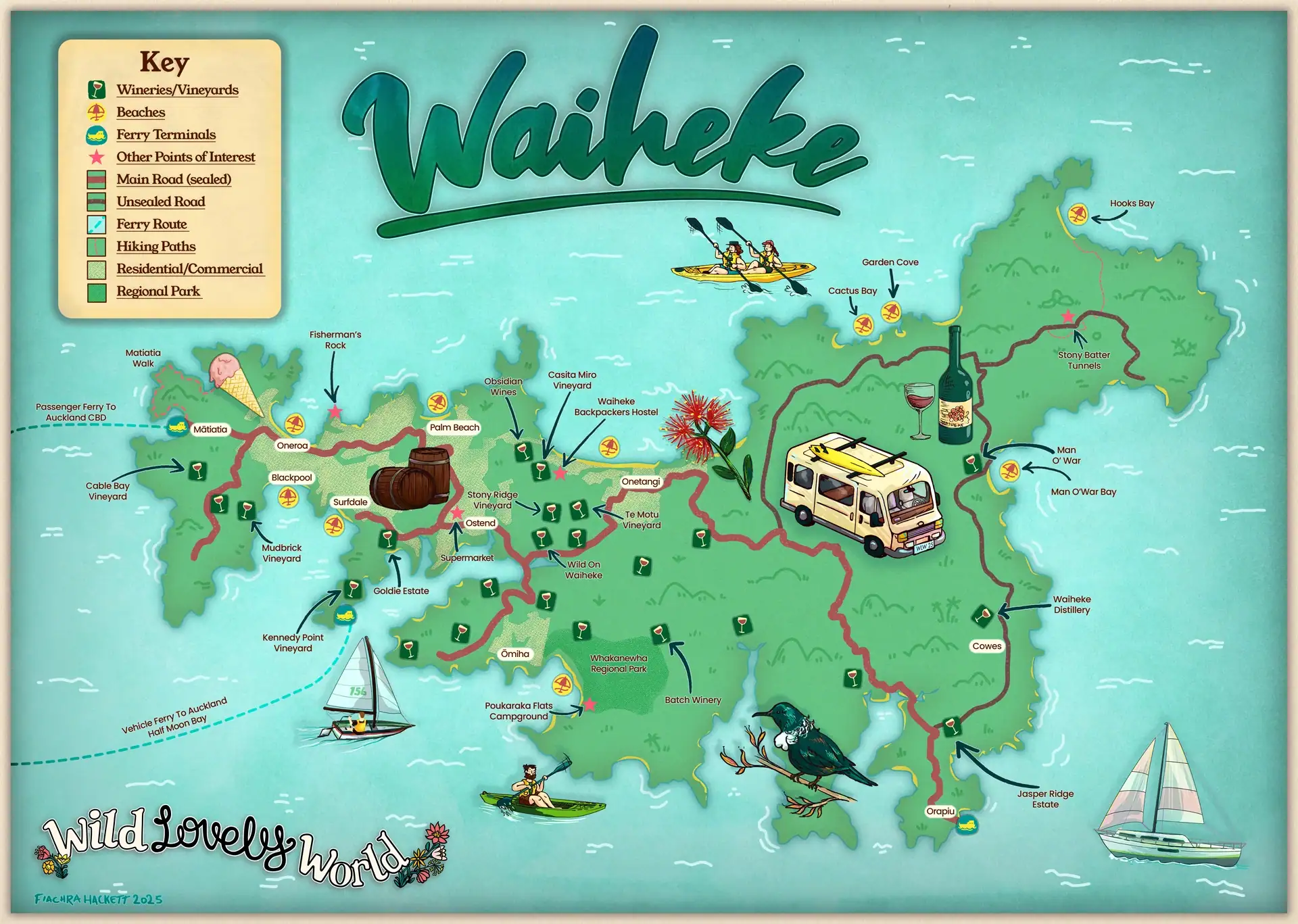 waiheke island map - showing wineries, vineyards, beaches, towns, sealed and unsealed major roads, ferry routes to auckland, regional park and walking hiking paths. the map is handdrawn, colourful and illustrated with images of a campervan, tui bird, sailing boats and kayakers, wine bottle and glass, pohutakawa and icecream. the map was designed, illustrated and drawn by fiachra hackett for the wild lovely world travel blog.
