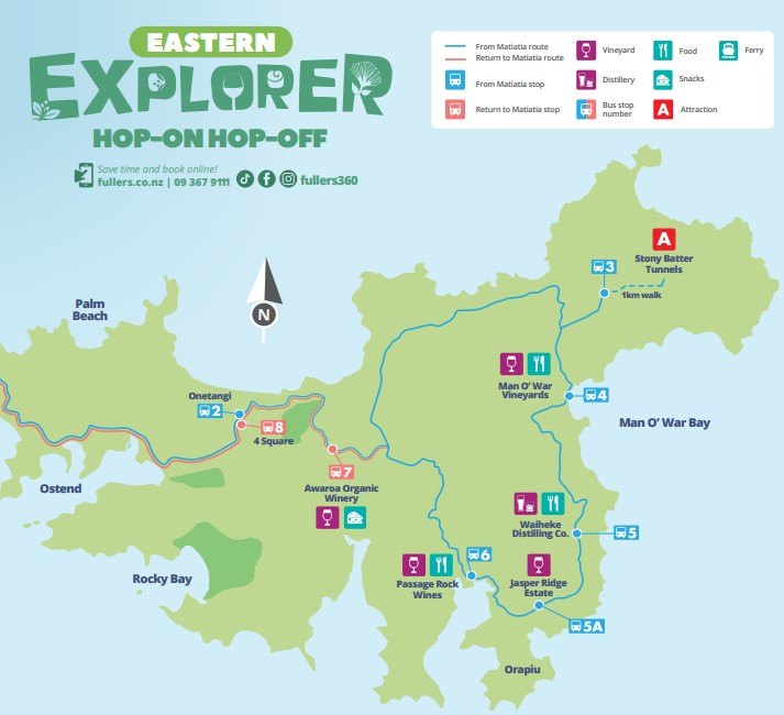 waiheke island eastern route explorer hop on hop off bus map - fullers360