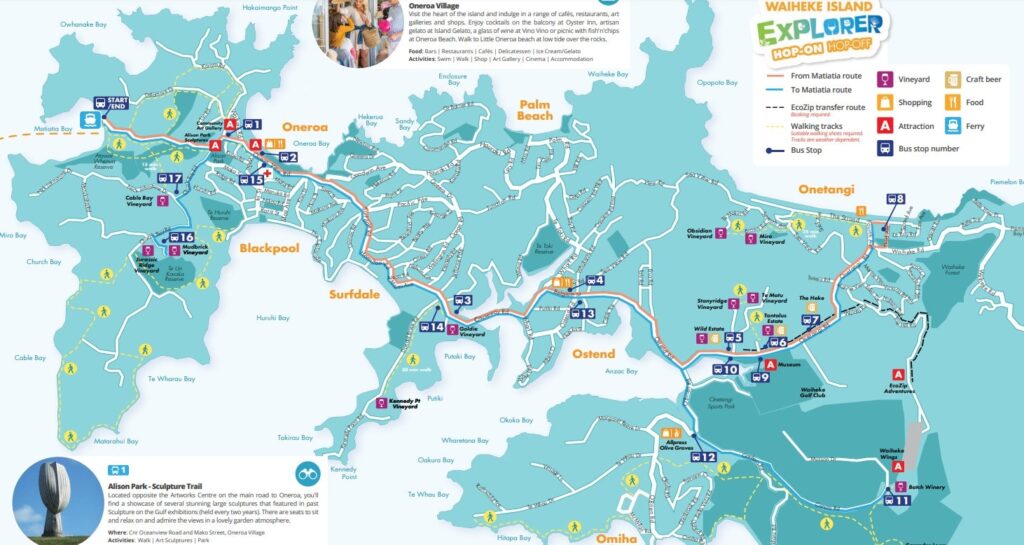 waiheke island explorer hop on hop off bus western route map