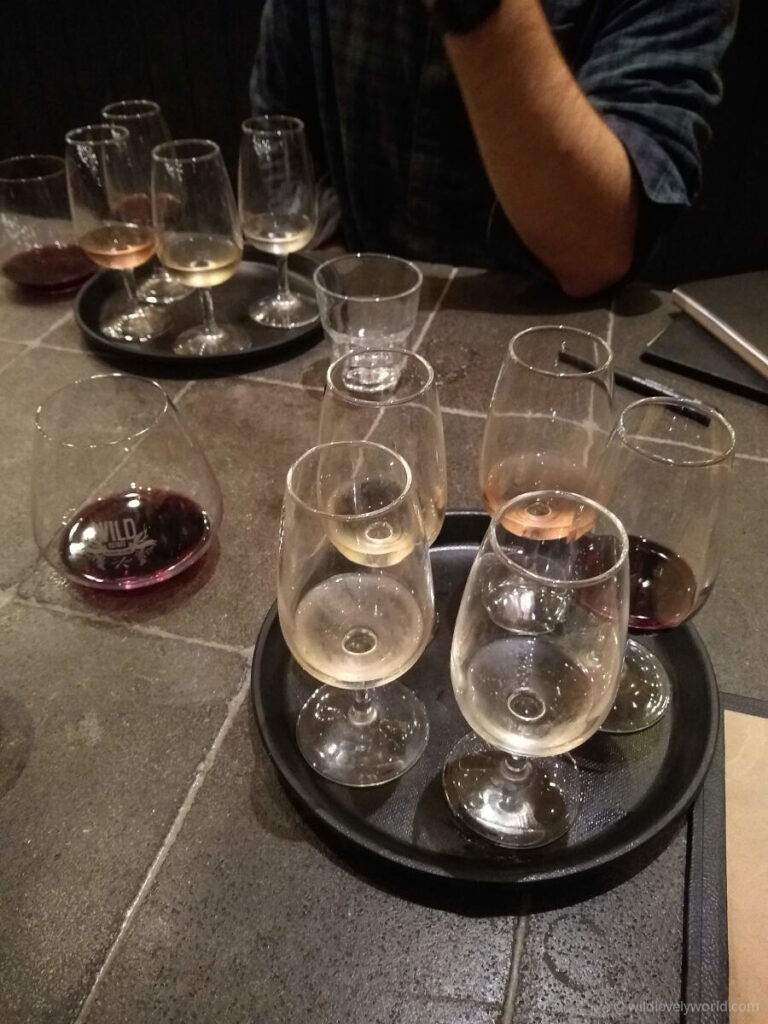 wine glasses with wine tasters on a black hospitality tray, on a tiled table - at wild estate wild on waiheke island