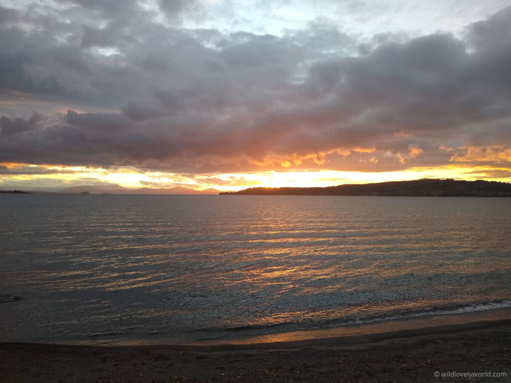 lake taupo at sunset north island new zealand - cloudy sky with a bright golden glow under the grey clouds, and water of lake taupo, mountains visible in the distance