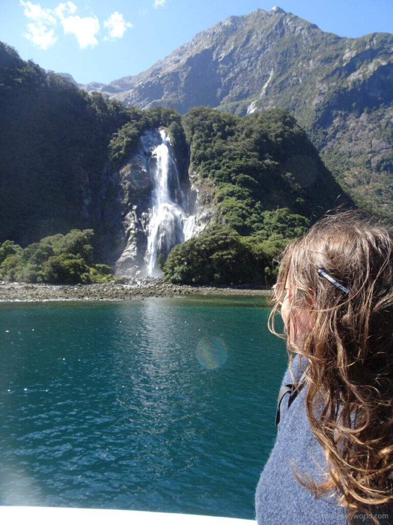 lauren viewing stirling falls in milford sound on the milford sound boat cruise in new zealand