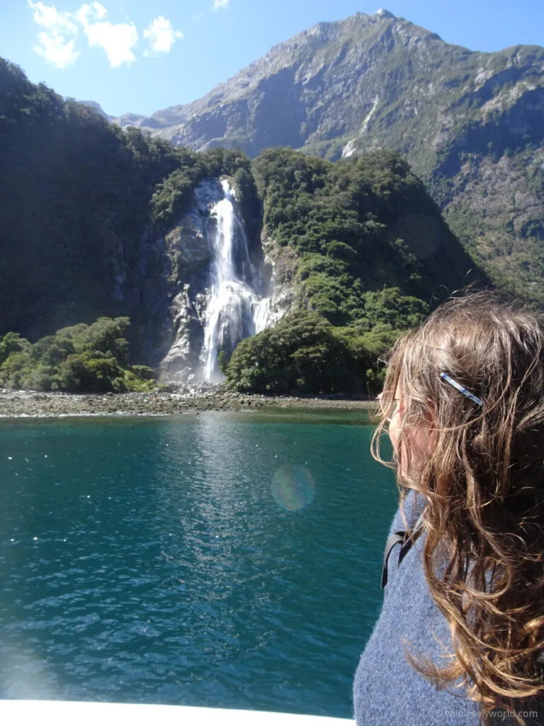 lauren viewing stirling falls in milford sound on the milford sound boat cruise in new zealand