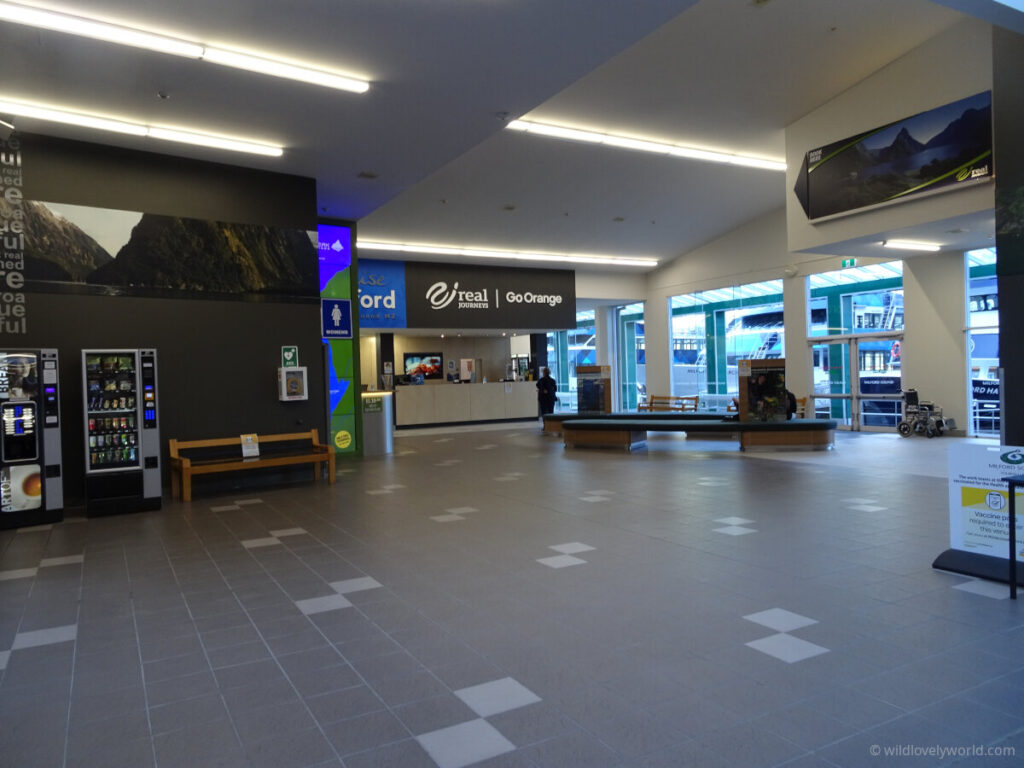 inside the boat cruise terminal at milford sound