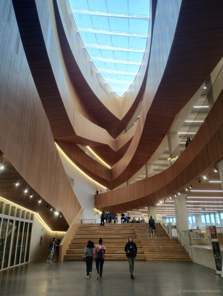 interior of calgary downtown library in alberta canada - interesting architecture and wooden walkways