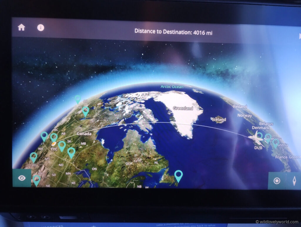 westjet flight screen showing flight path from dublin, ireland to calgary, canada