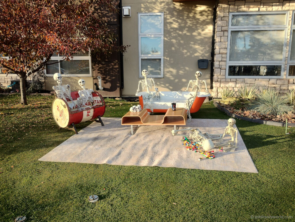 neighbourhood halloween skeleton display in calgary canada. the skseletons are sitting around a living area on sofas, with a coffee table, and children skeletons playing lego on a rug