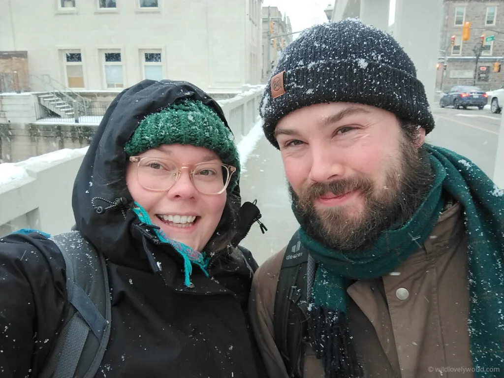 lauren and fiachra taking a selfie in the snow in cambridge canada