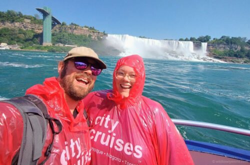 fiachra and lauren at niagara falls on the city cruises canada