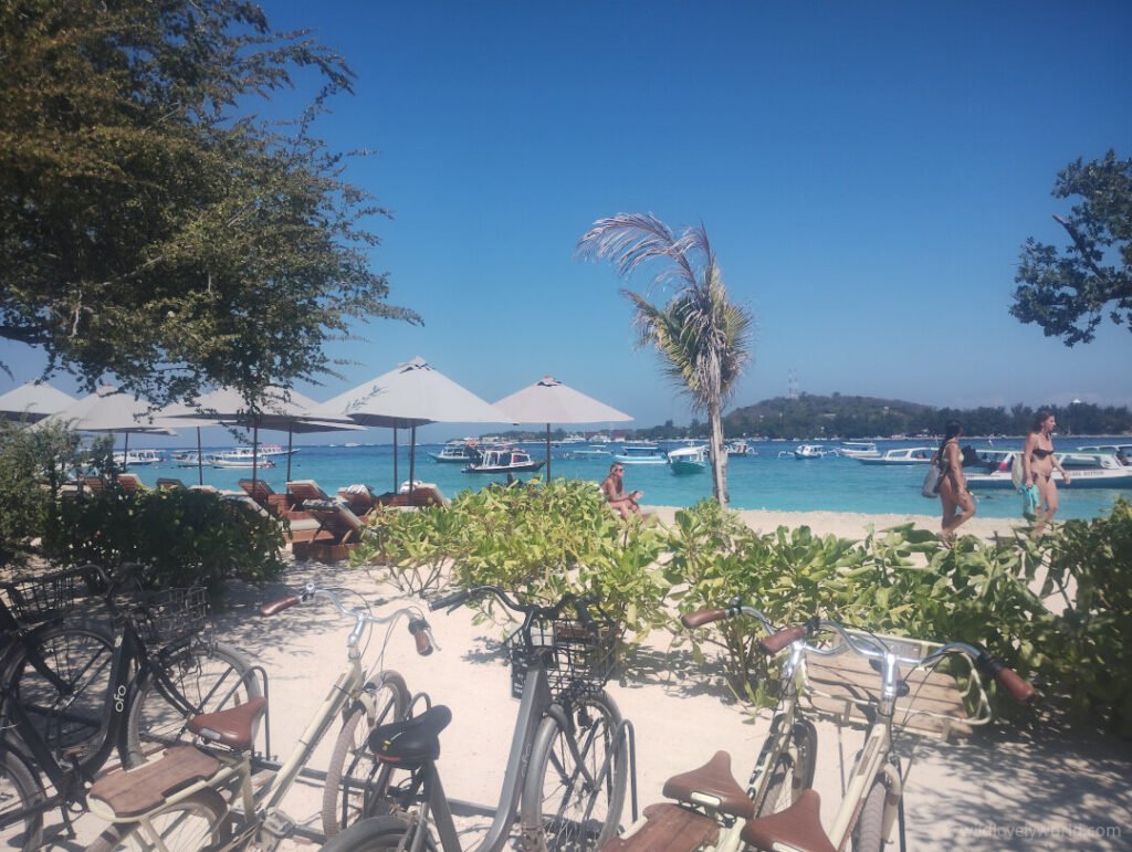 view of the beach in front of bask resort on gili meno island, the snorkelling spot for the underwater nest statues