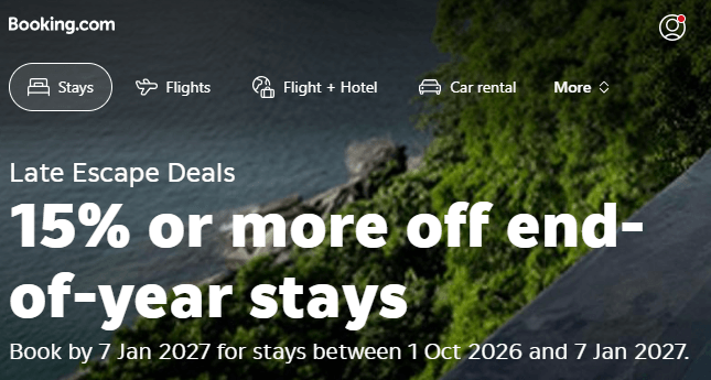 booking promo discount code late escape deals 15% or more off end-of-year-stays