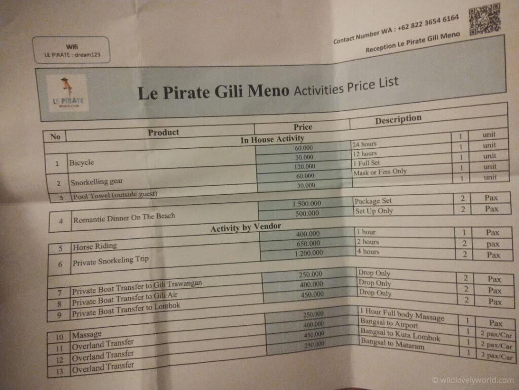 le pirate gili meno activities price list, bike 60k, snorkelling gear 120k, romantic dinner on beach setup 500k, horse riding 400k, massage 250k