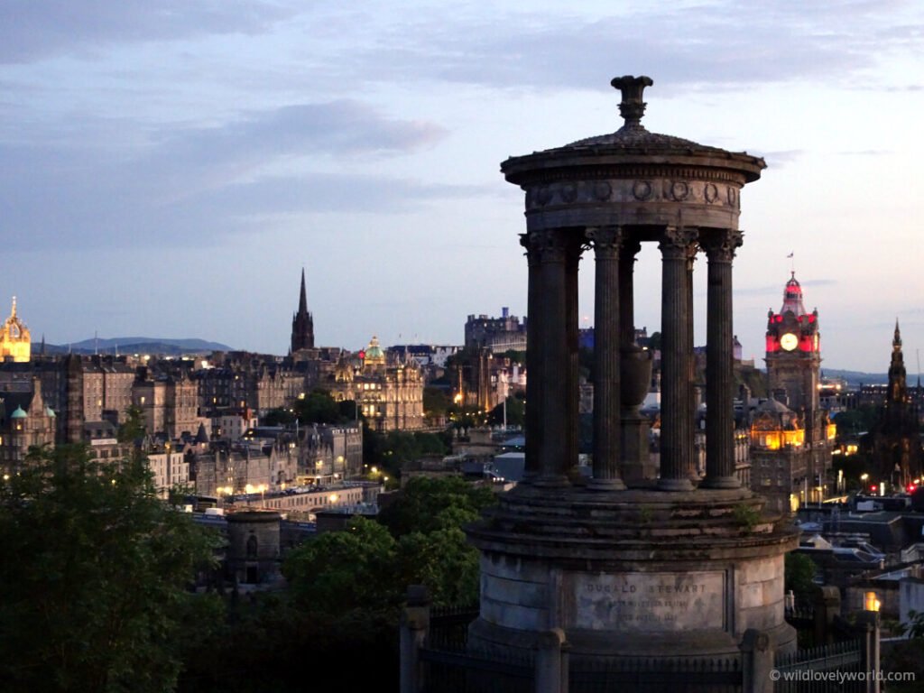 famous view of edinburgh from calton hill showing dugald stewart monument