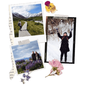 photos of lauren arranged in a scrapbook style with pressed flowers. in one photo lauren is on the hooker valley track in mount cook new zealand. another photo shows her throwing snow into the air and smiling. the third photo is of lauren and her husband fiachra in a field of purple lupins in lake tekapo new zealand.