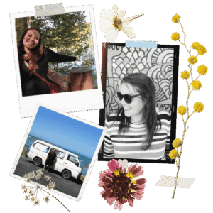 photos of lauren arranged in a scrapbook style with pressed flowers. lauren has long brown hair and brown eyes, and she wears glasses. one photo shows lauren with her white nissan caravan campervan. in the other two photos are portraits and she is smiling.